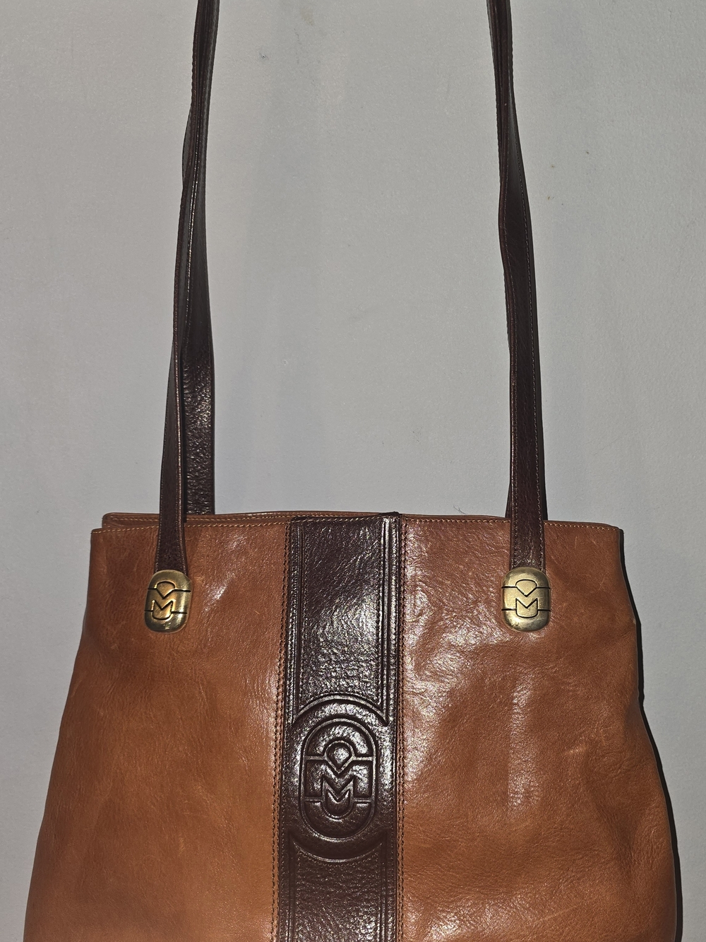 Two-Tone Brown Leather Tote Bag with Logo Accents